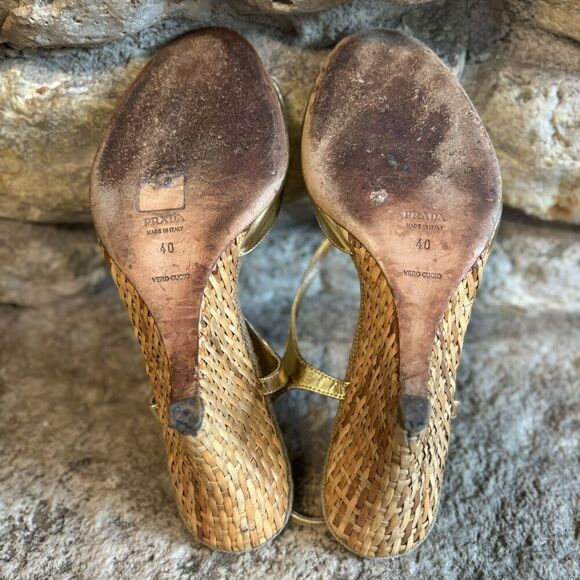 PRADA Vintage Gold Leather Slingback Basket Weave 4" Wedge Heels Sandals 40/9.5 - Picture 9 of 9